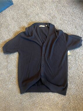 Urban Outfitters Men's Navy Short-Sleeve Button-Up Cardigan